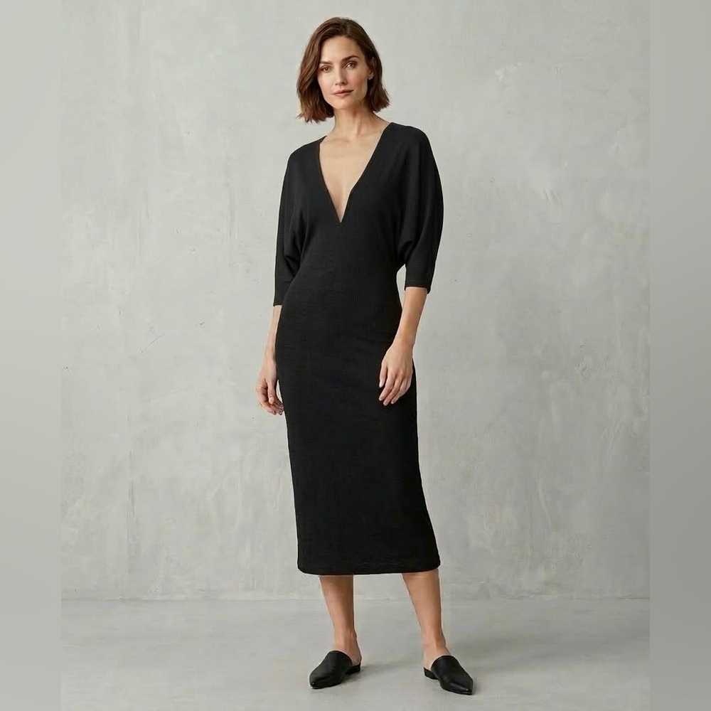 NWT Humanoid Black ‘Posh’ Deep V-Neck Dolman Sleeve Midi Dress, Size S